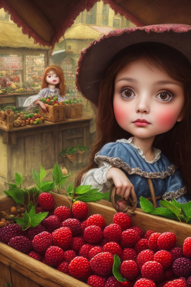 Digital artwork of girl in hat and blue outfit reaching raspberries, with another girl in background