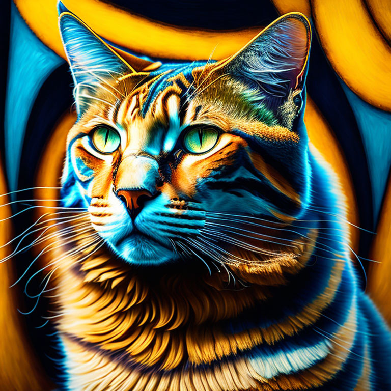 Colorful digital artwork: Cat with green eyes, blue and orange swirling patterns