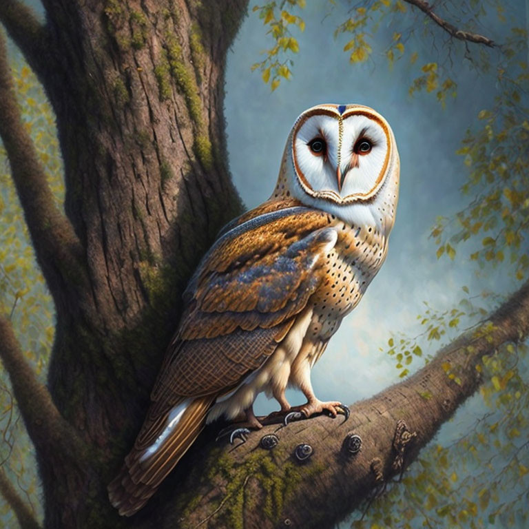 Majestic barn owl perched on tree branch in tranquil forest