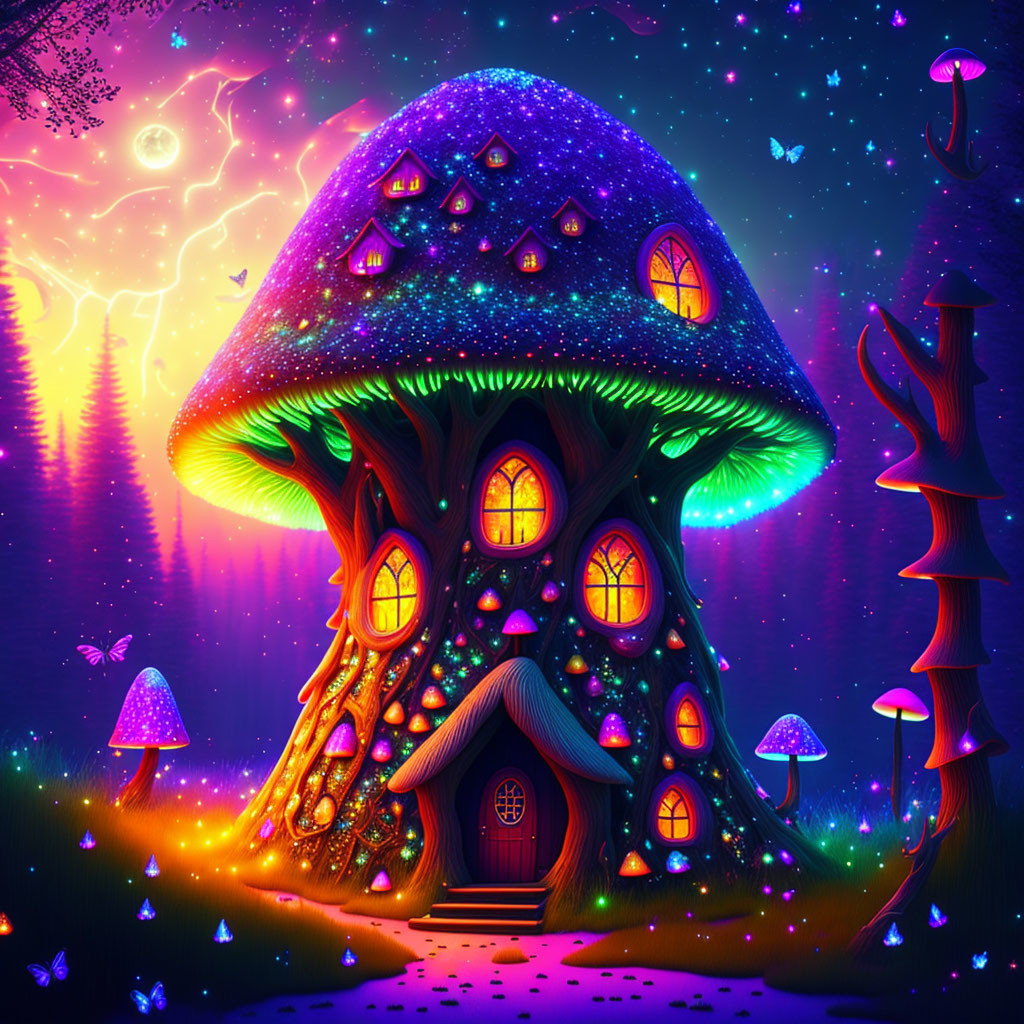 Colorful Neon Fantasy Landscape with Mushroom House and Glowing Flora