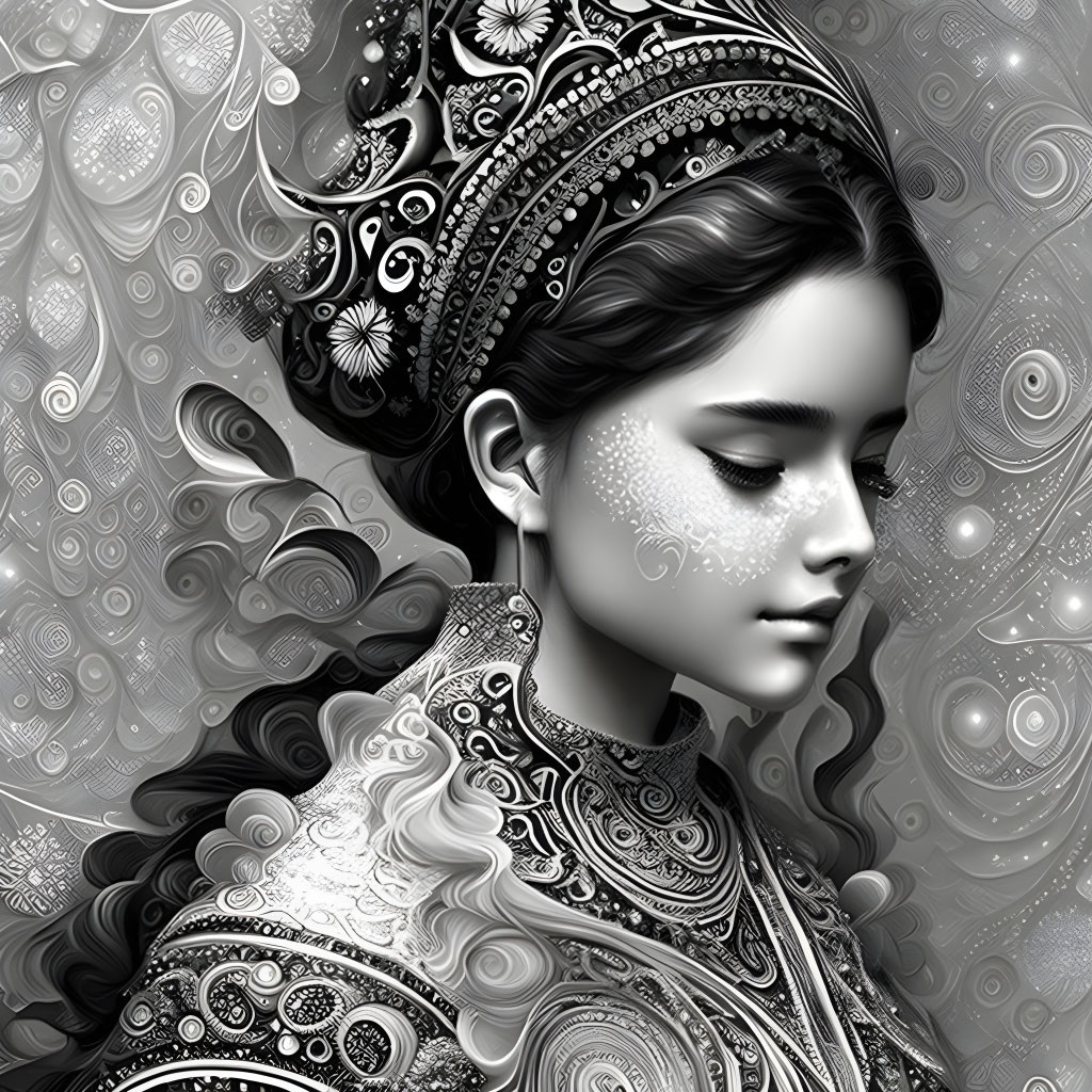 Monochrome digital illustration of serene woman in ornate attire