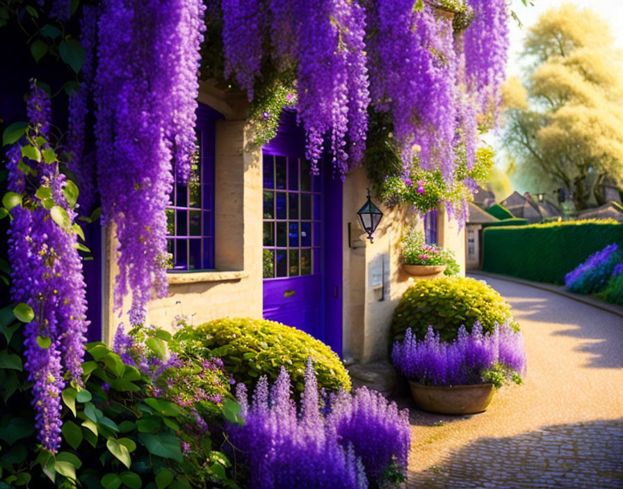 Stone Cottage with Purple Wisteria and Blue Accents in Greenery