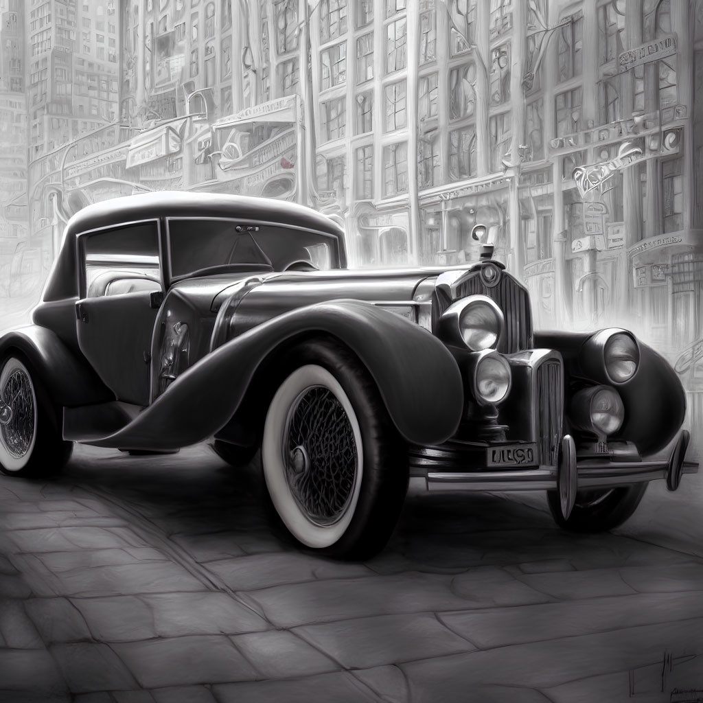 Monochrome drawing of vintage car on city street with detailed buildings