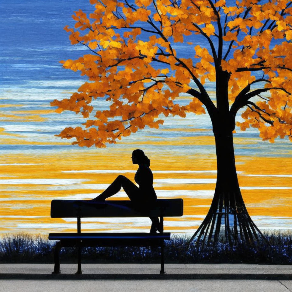 Silhouette of person on bench under orange tree against yellow and blue background