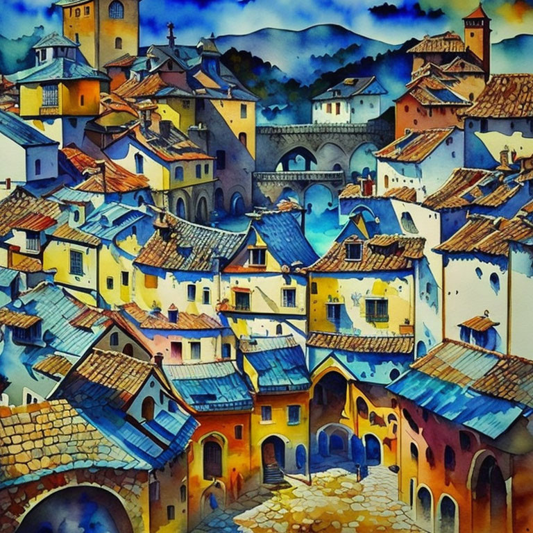 Colorful Watercolor Painting of Whimsical Townscape