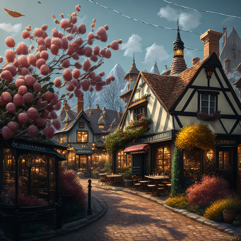 Picturesque village street with blossoming trees, Tudor houses, lanterns, and mountain view.