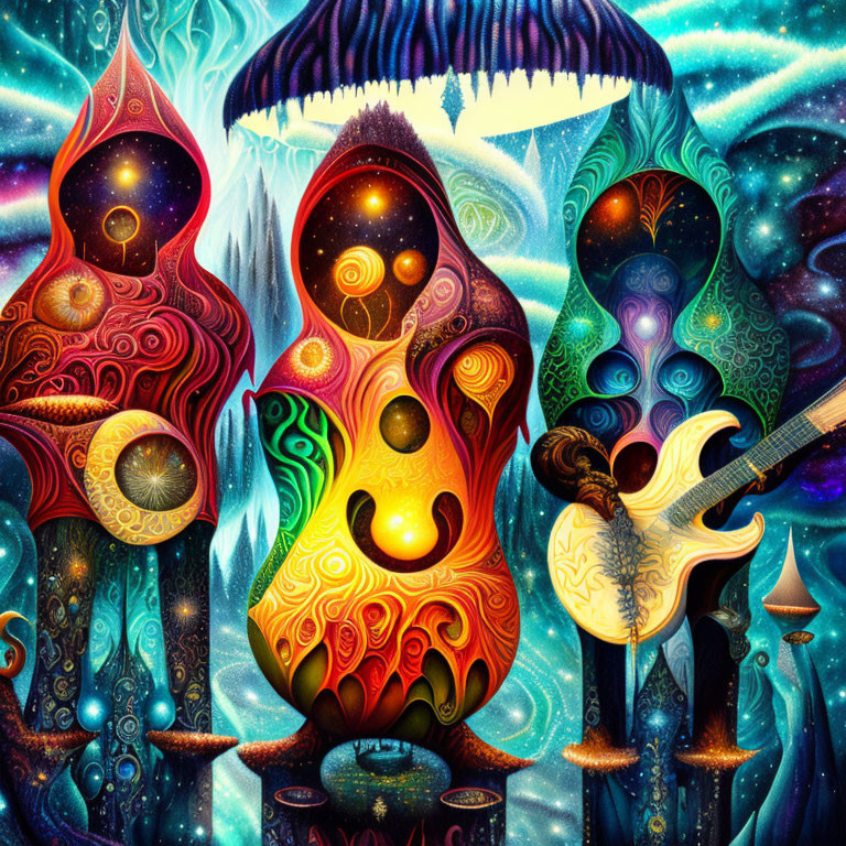 Colorful Psychedelic Artwork with Abstract Figures, Guitar Player, and Luminescent Mushrooms