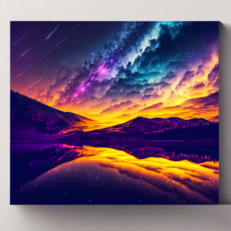 Colorful sunset canvas print with purple, orange, and blue hues over a serene lake under a star