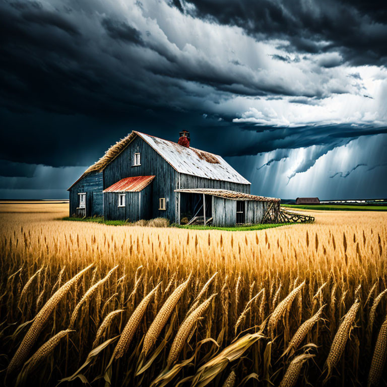 Weathered barn in wheat field under stormy sky with dramatic light.