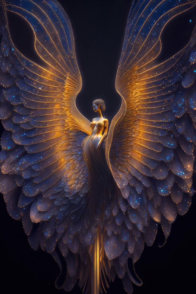 Ethereal humanoid figure with luminous wings on dark background