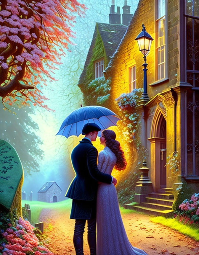 Romantic couple under umbrella on flower-lined path at dusk