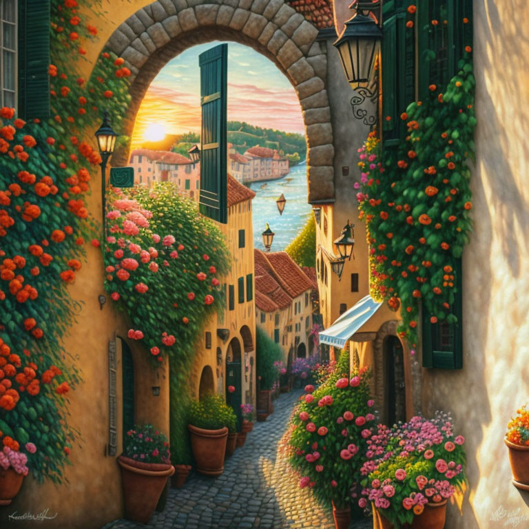 Cobblestone street with flowers, coastal town view, hot air balloons at sunset