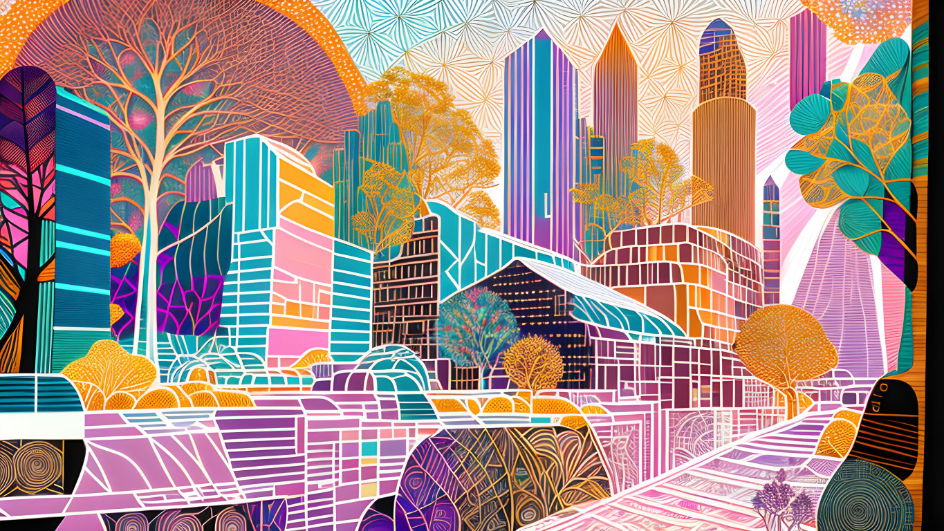 Colorful cityscape illustration with geometric buildings and vibrant trees