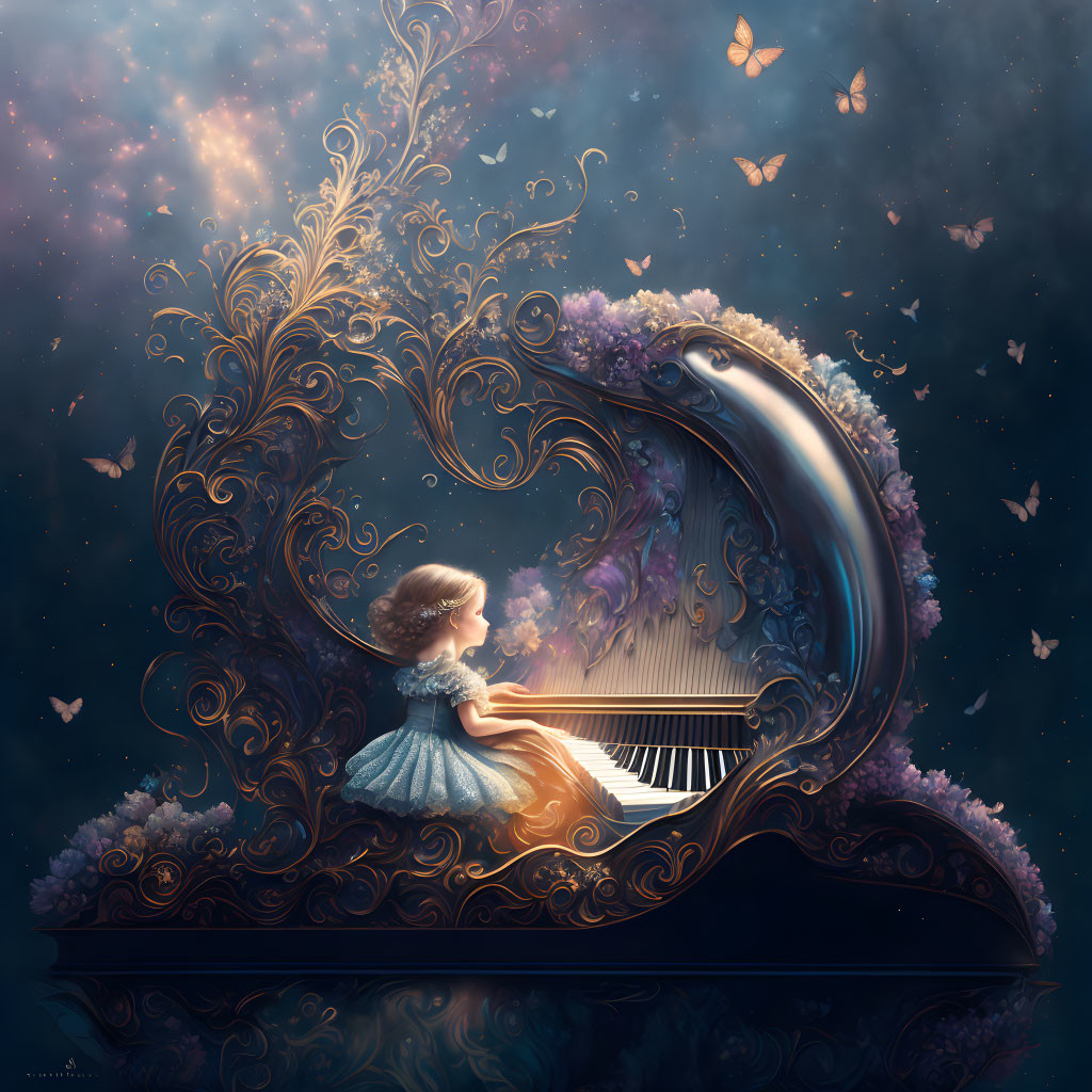 Whimsical artwork: Girl playing grand piano under starry sky