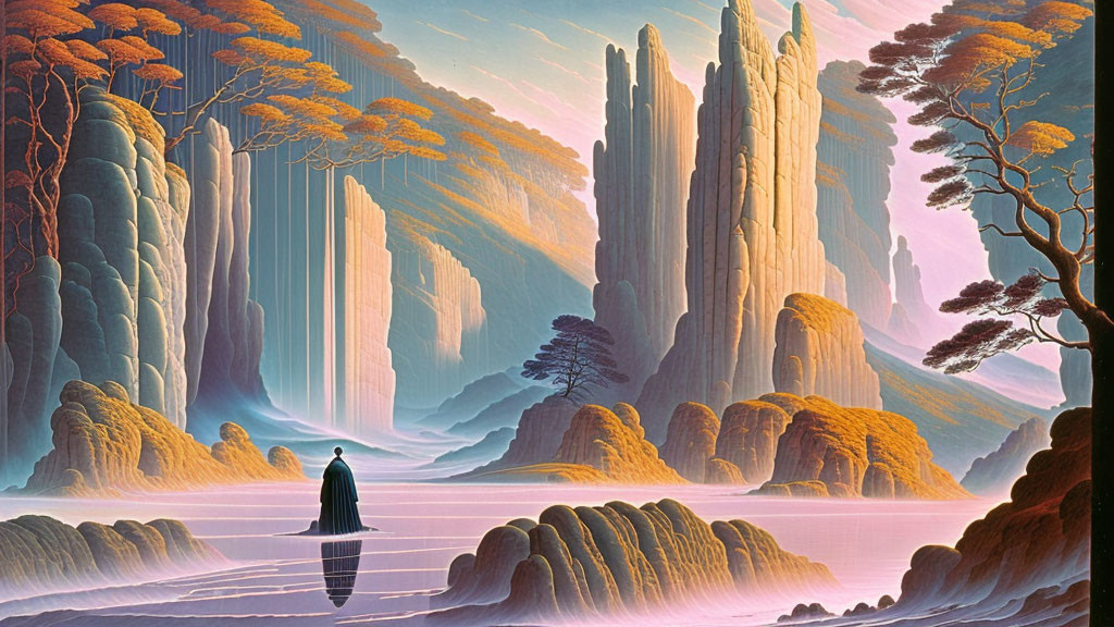 Fantastical landscape with towering rock formations and lone figure on reflective pink surface