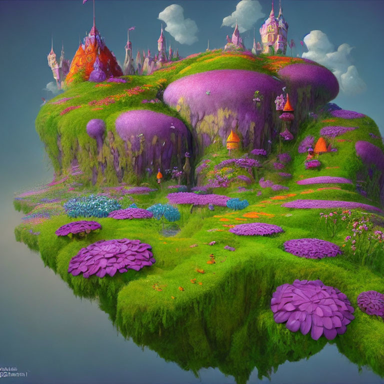 Colorful floating island with whimsical trees and fantasy castles in tranquil sky