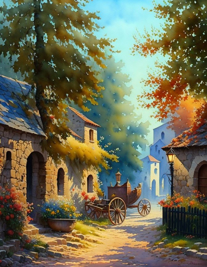 Tranquil Watercolor Village Street at Twilight