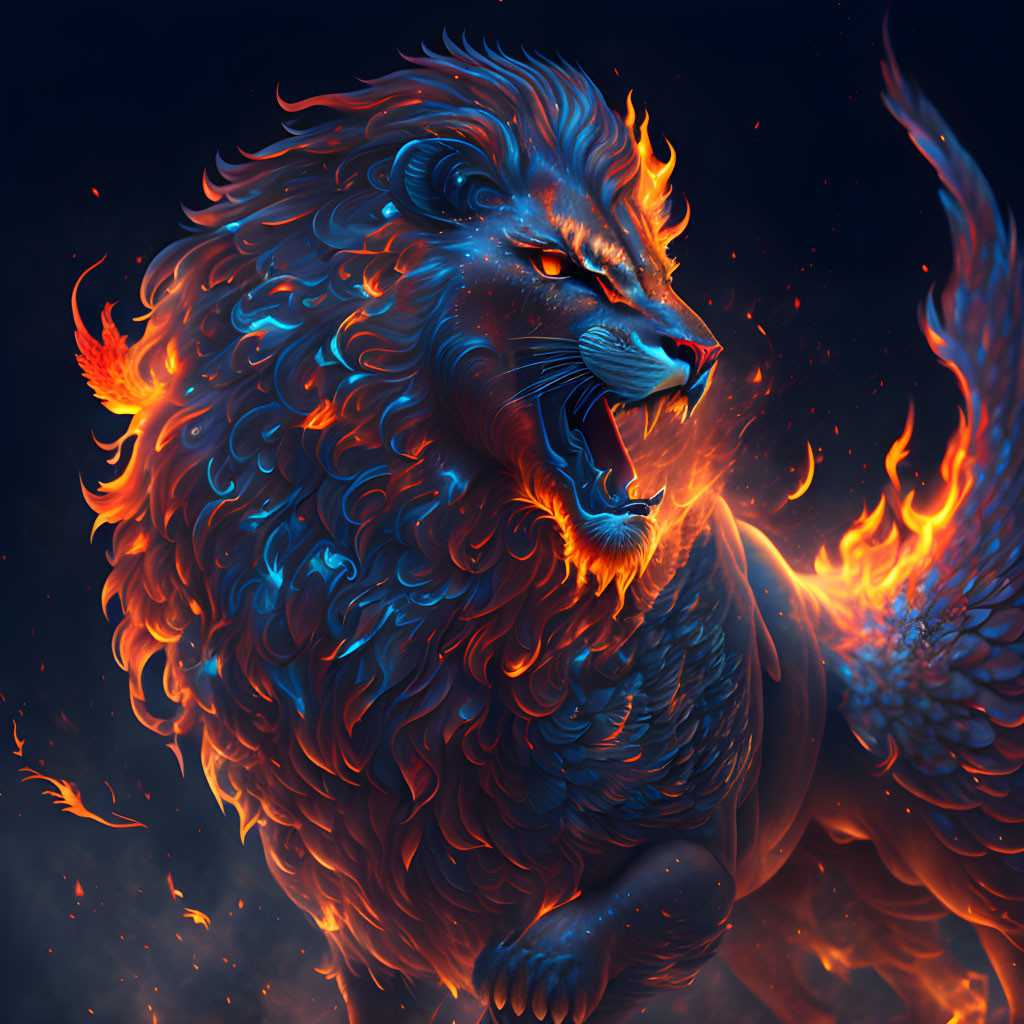 Vibrant illustration of majestic lion with fiery mane and tail