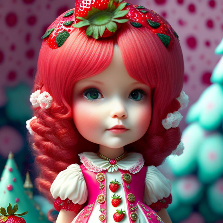 Bright Pink Hair Doll with Blue Eyes in Strawberry Dress on Polka Dot Background