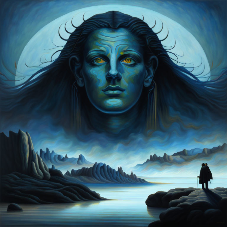 Surrealist painting: Giant woman's face merges with night sky above seaside landscape