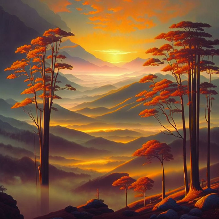 Tranquil landscape: tall trees with orange leaves, misty mountains, warm sun glow