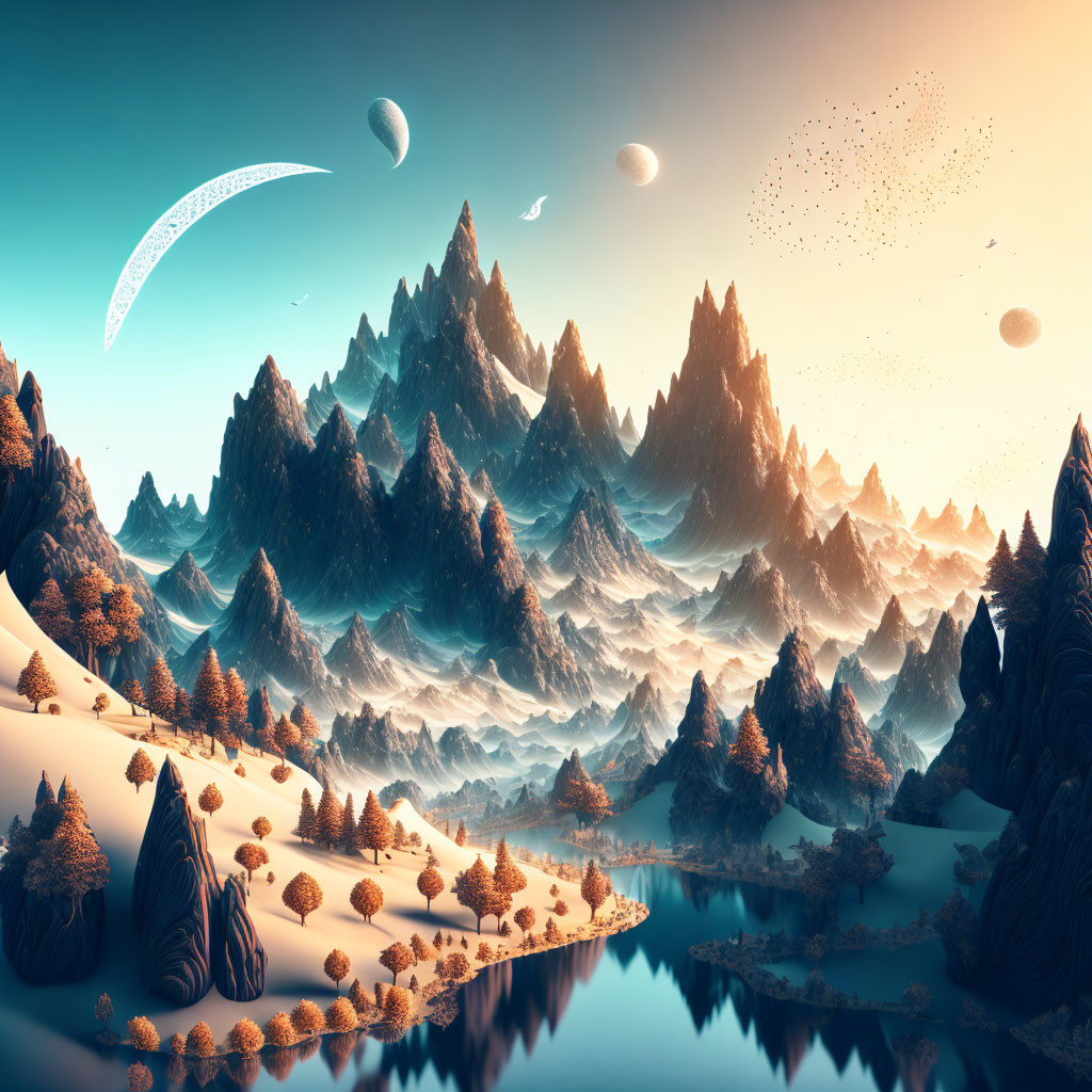 Fantasy landscape with mountains, lake, trees, moons, and planets