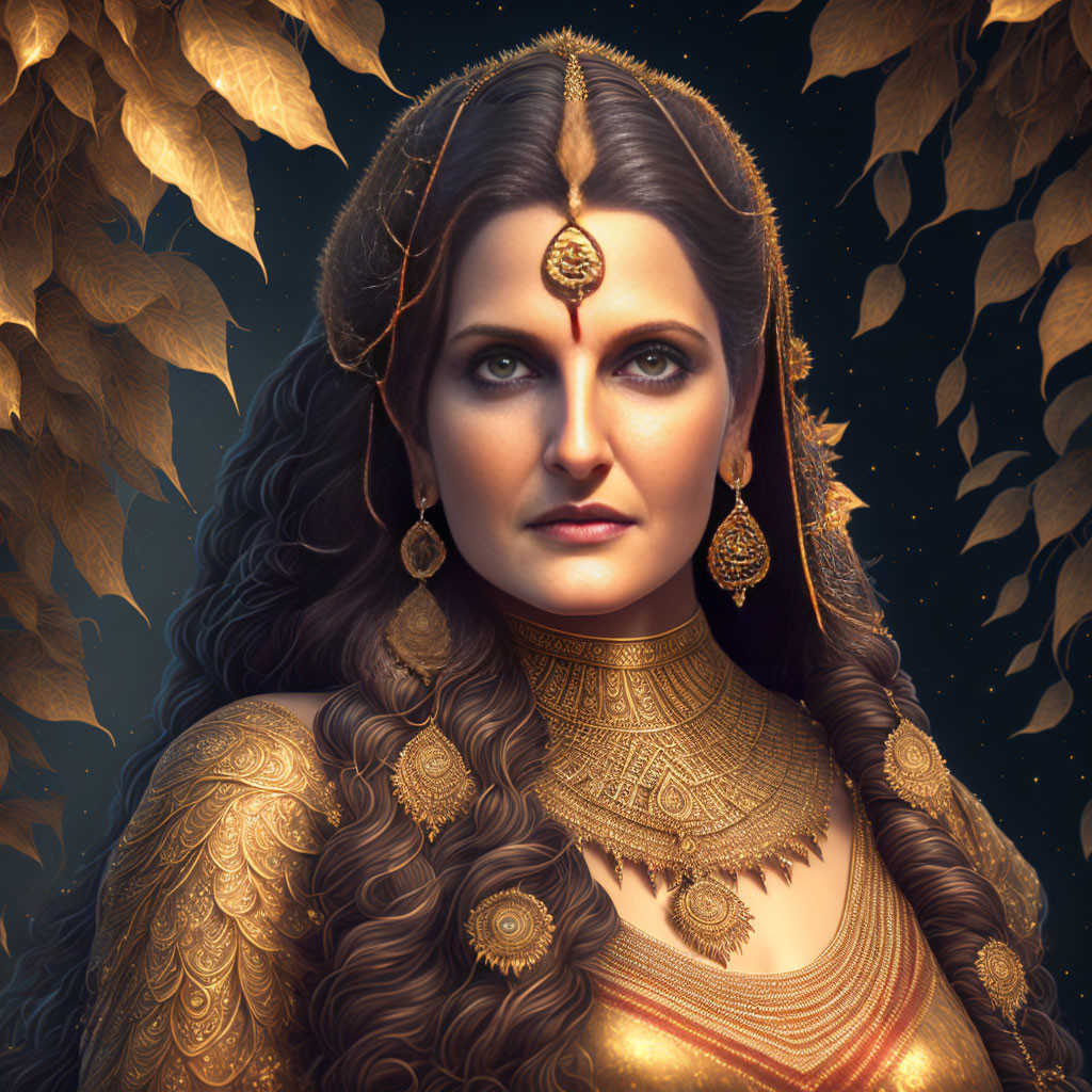 Intricate golden jewelry and headpiece on woman with wavy hair against golden leaves