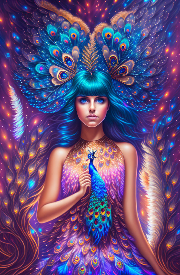 Vibrant Blue Hair Woman with Peacock Features and Miniature Peacock