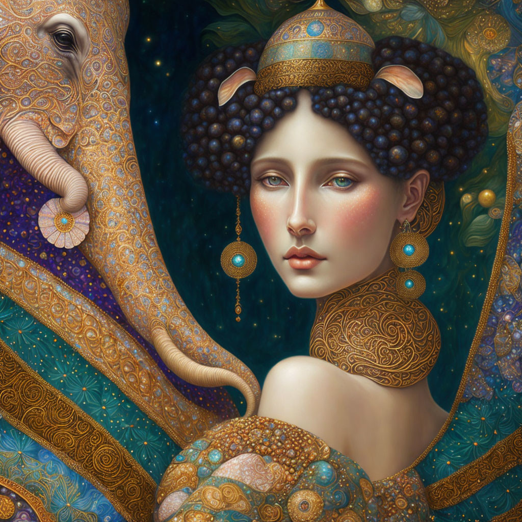 Fantastical portrait of woman with ornate jewelry and stylized elephant on starry background