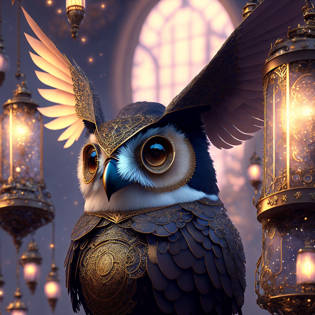 Fantastical owl with golden armor and wings in magical setting