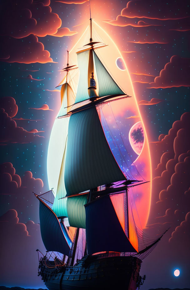 Tall ship sailing at night under a glowing eclipse