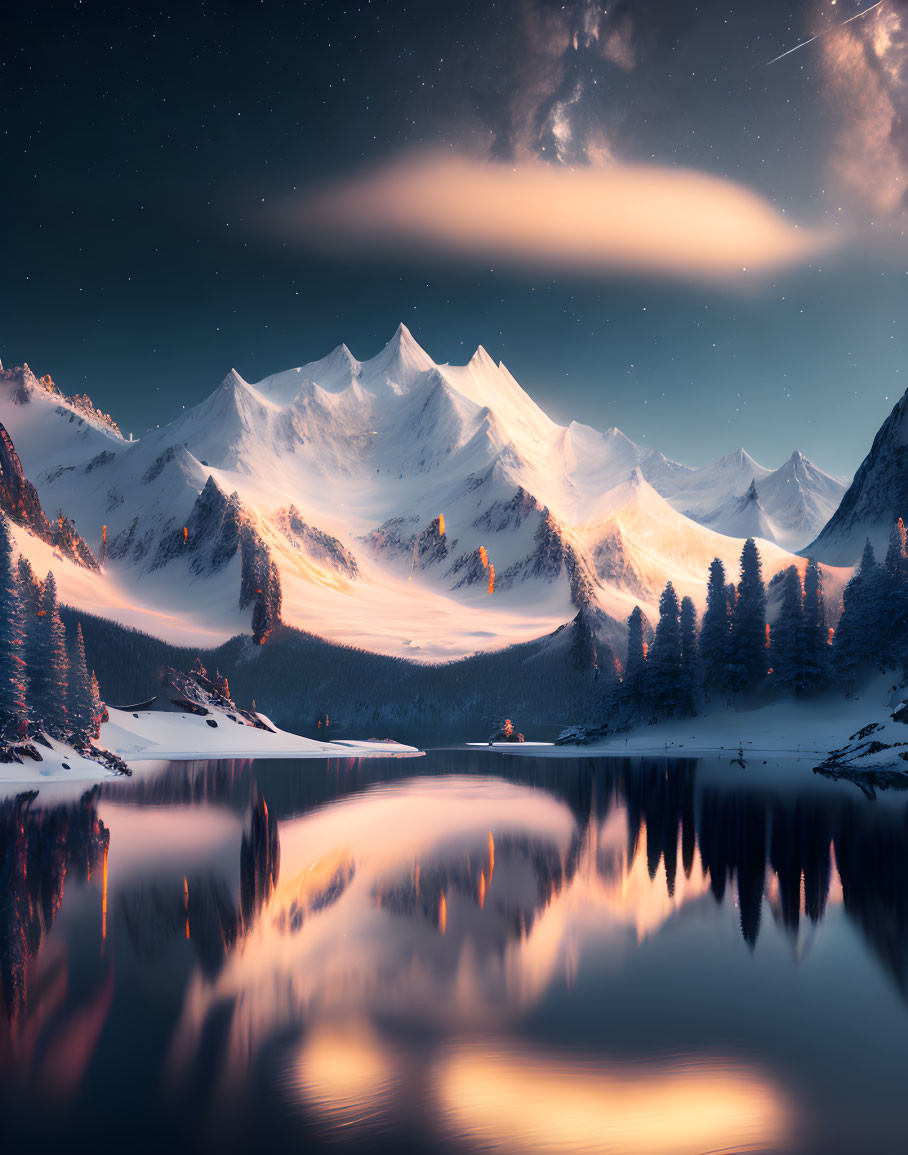 Snow-capped peaks and serene lake at twilight with cabin and streaked sky