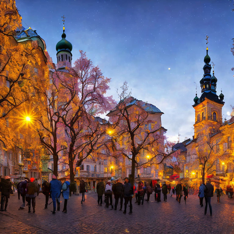 European Square Evening Scene with Illuminated Buildings and Trees