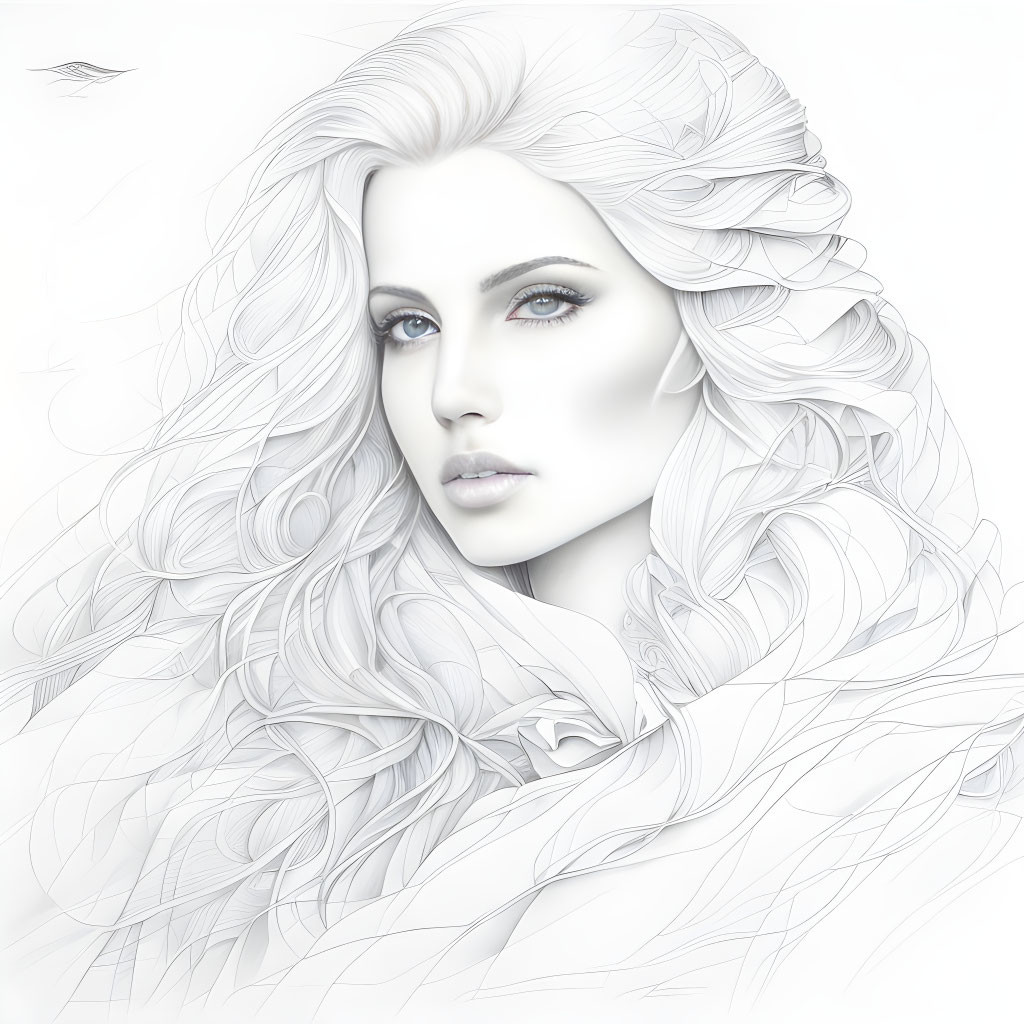 Detailed black and white sketch of a serene woman with flowing hair