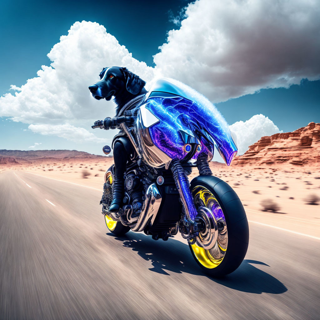 Dog in cape rides motorcycle in desert under blue skies