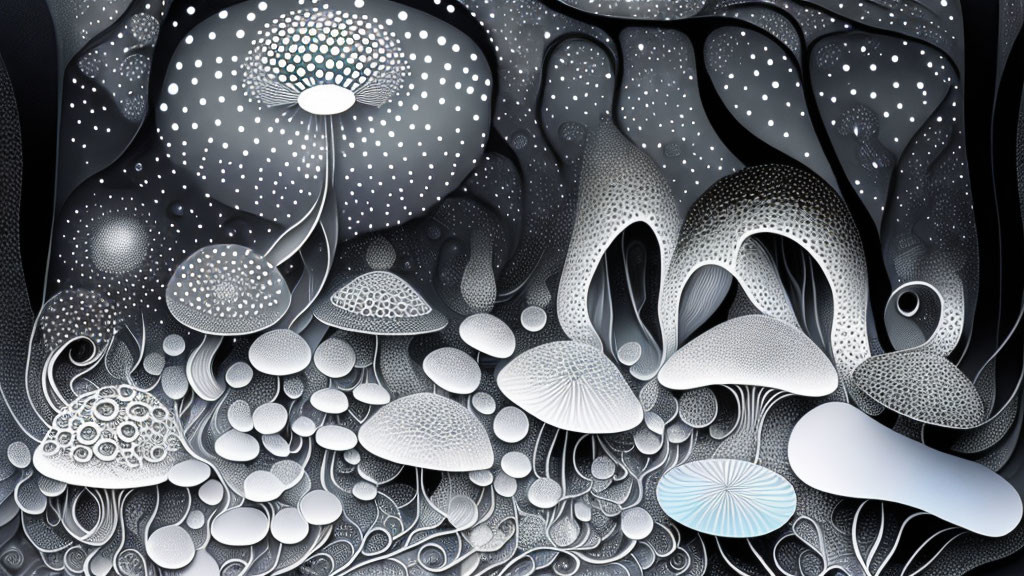 Monochromatic abstract art: Organic sea creature and plant shapes in flowing composition