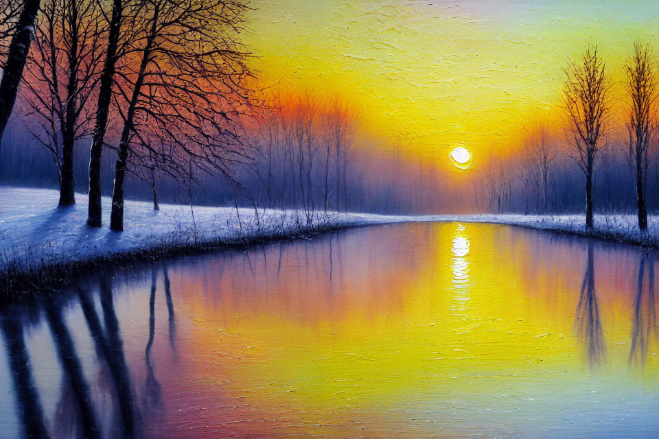 Snowy Landscape Painting: Sunset River Reflection & Silhouetted Trees