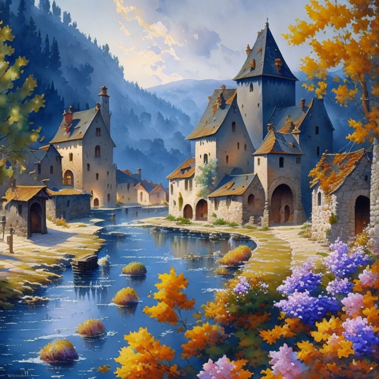 Medieval village with castle, stone houses, river, and autumn flora