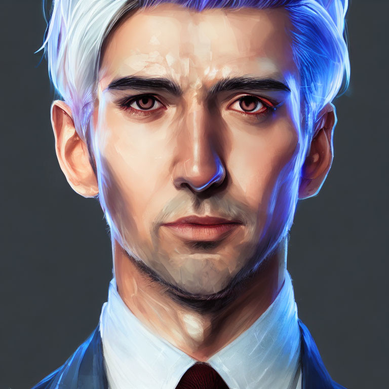 Man with White Hair and Red Eyes in Suit on Dark Background