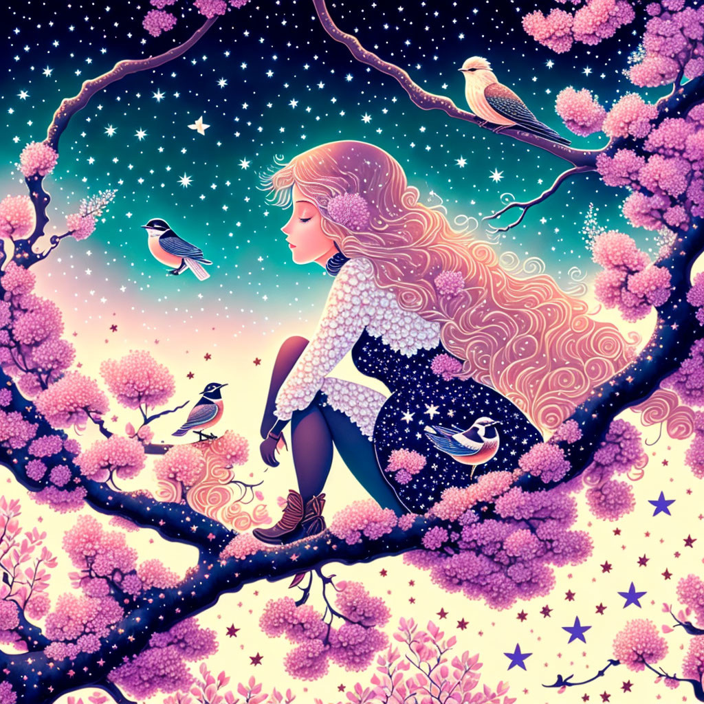 Illustration of girl on branch with pink blossoms, stars in hair, birds, starry sky