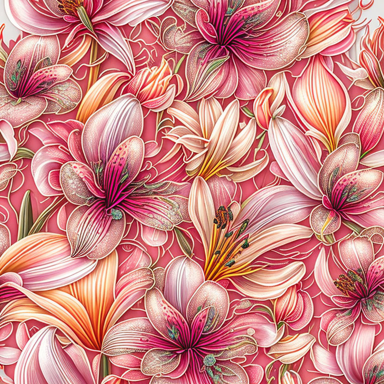 Detailed Pink and Orange Lily Floral Pattern on Pink Background