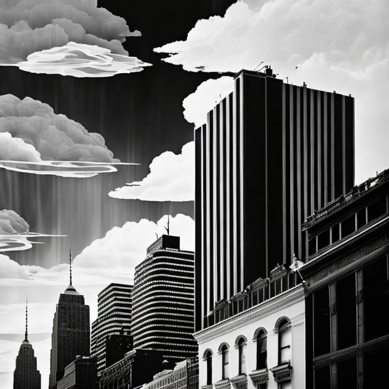 Dramatic monochrome cityscape with high-rise and classic spire.