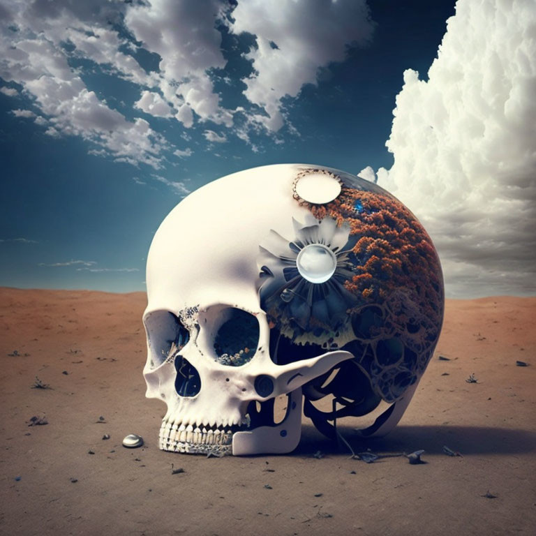 Human skull with mechanical and organic components on desert sand under cloudy sky