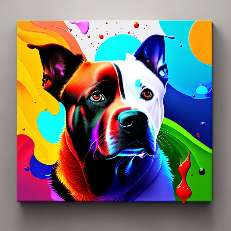 Multicolored split-face dog pop art on dynamic background