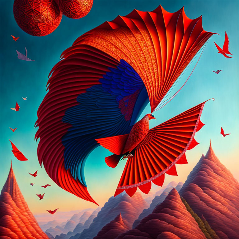 Colorful digital artwork: Red and blue bird soaring over mountains, accompanied by smaller birds and geometric orbs