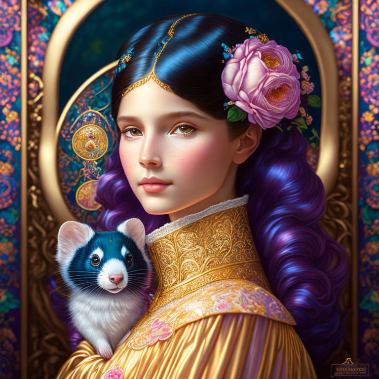 Blue-Violet Haired Girl in Golden Dress Holding Ferret on Ornate Background