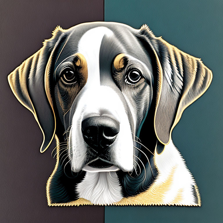 Dog illustration with droopy ears and warm eyes on split brown background