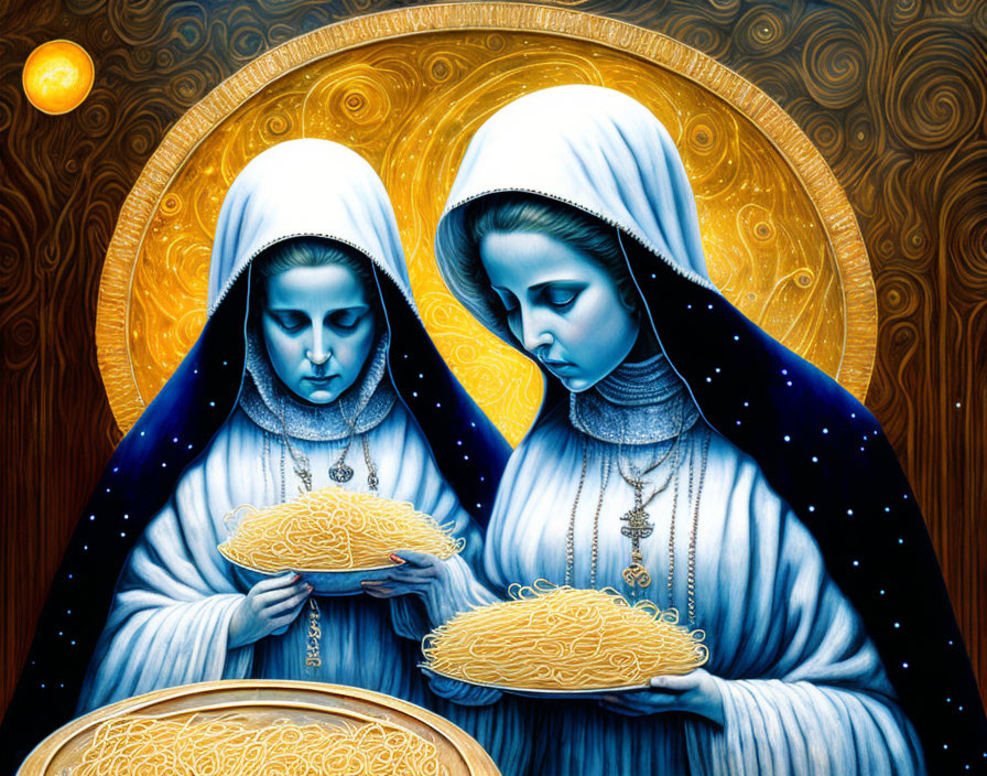 Two women in blue and white habits with intricate golden patterns against celestial background.