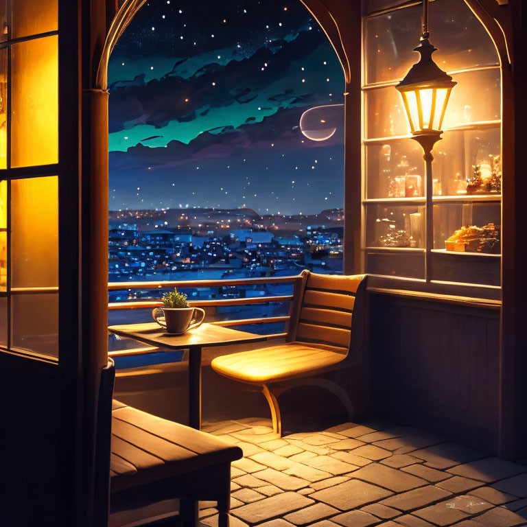 Night balcony scene with street lamp, bench, table, plant, town view, starry sky,