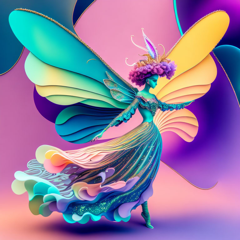 Whimsical fairy with vibrant butterfly wings in intricate dress